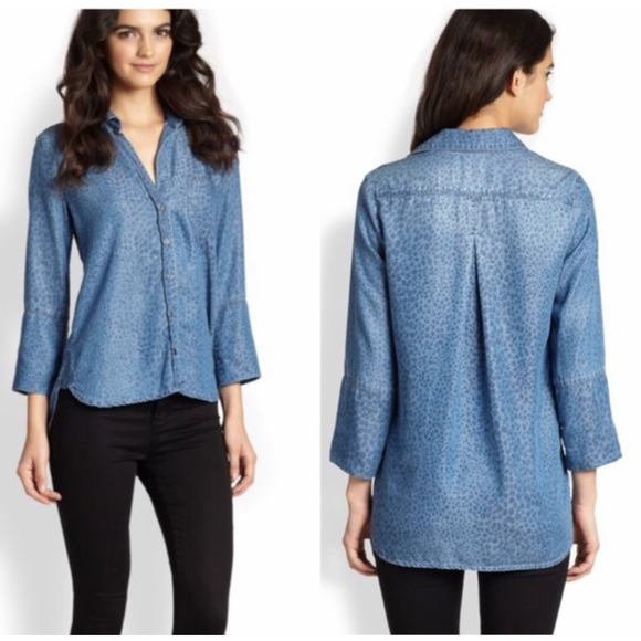 Bella Dahl Leopard Print Tencel Top Womens Medium Blue Button Down 3/4 Sleeve - Picture 2 of 16
